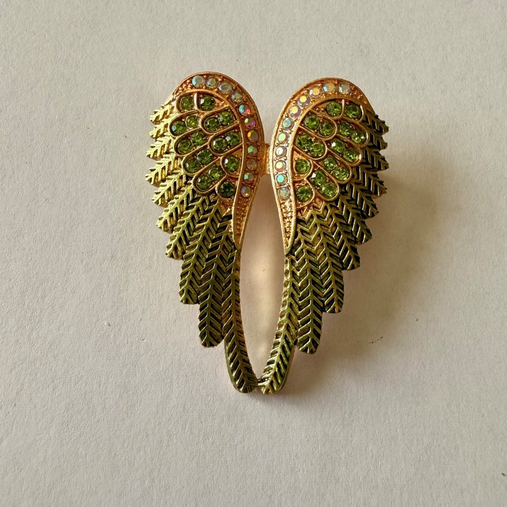Gold Tone Angel Wing Brooch Green Rhinestone AB‎ Crystal Fashion Pin